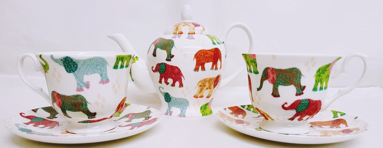 Elephants Tea Set for Two Bone China Patched Multicolour Teapot 2 Cups 2 Saucers