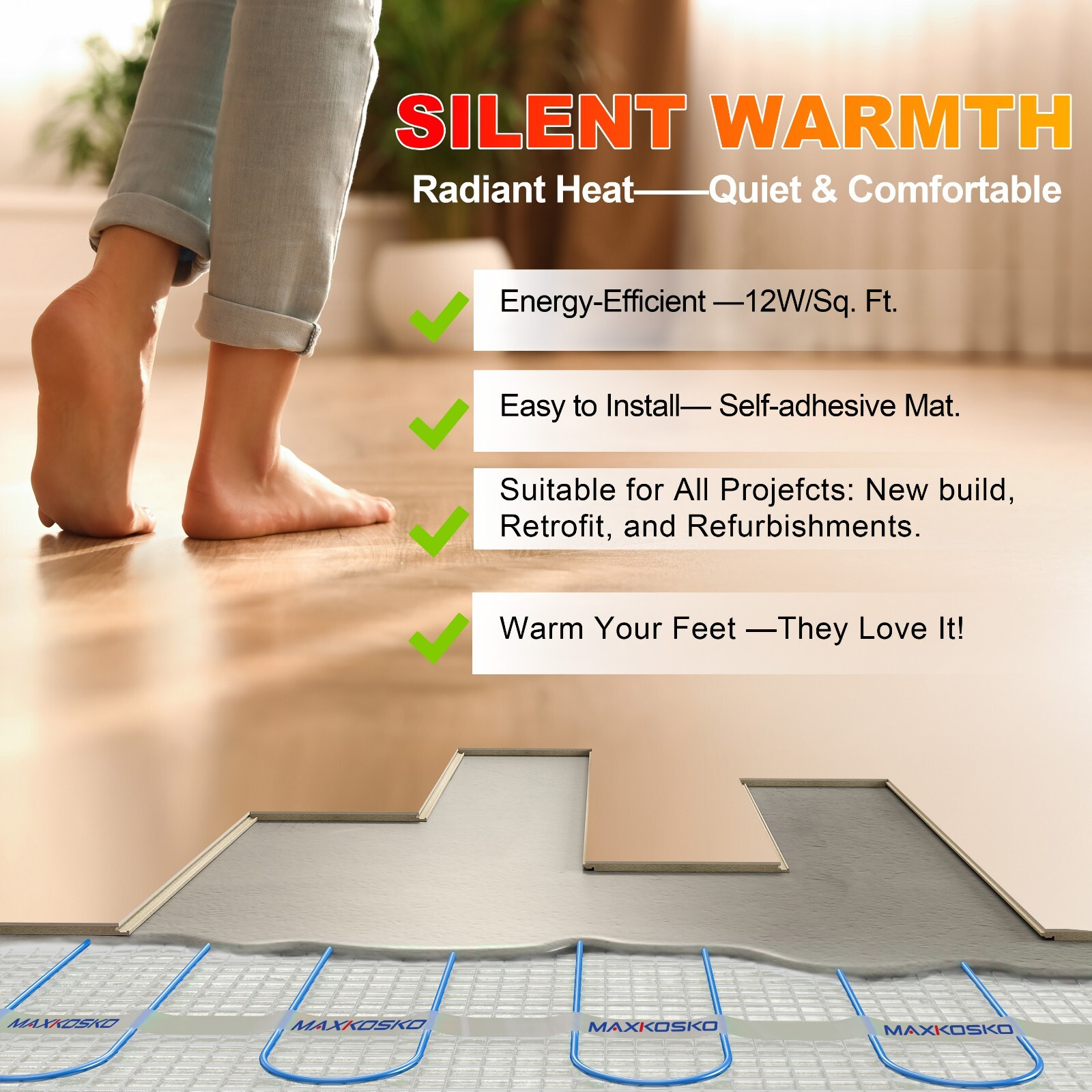 50sqft 120V Electric Floor Heat Mat - Underfloor Radiant for Tile/Stone/Laminate