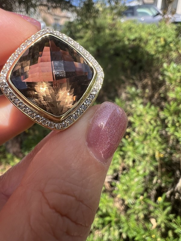 David Yurman Sterling & 18k Gold Smoky Quartz & Diamond Ring Size 6.5