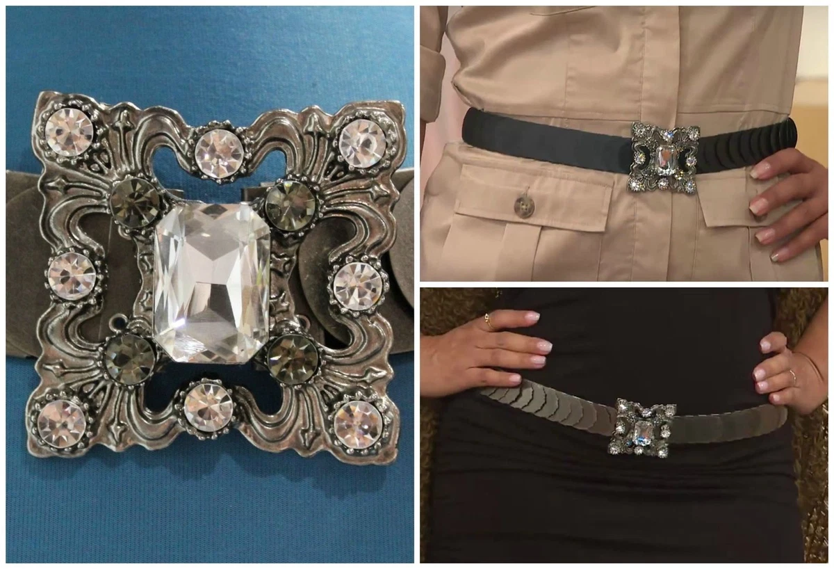Kelli Kouri Goldtone metal Plate Stretch Belt - Crystal Flower Rhinestone Buckle Stretch Skinny Belts for Women for sale | eBay main image 2