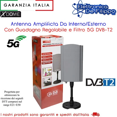 X-DOME Antenna Amplificata Da Interno/Esterno Per DVB-T2 Con Guadagno Regolabile LTE