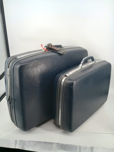 2 Vintage Samsonite Profile II Navy Blue Luggage Hard Shell Suitcases  Lrg/Small
