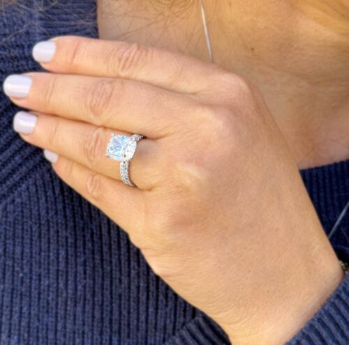 Cushion Cut Simulated Diamond Engagement Ring And Band 14K White Gold 5.40CTW - Picture 3 of 12