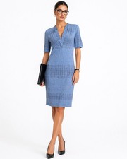 Grayson Dress Womens Medium Blue Stripe Dots Shift V-Neck Office Work Travel