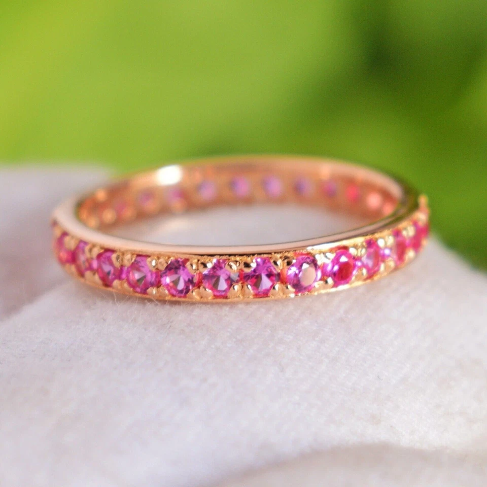 Zafiro rosa piedra preciosa sólido 14k oro rosa apilable banda anillo... - Imagen 2 de 4