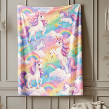 Pastel Rainbow Unicorns Coral Fleece Blanket Fantasy Decor