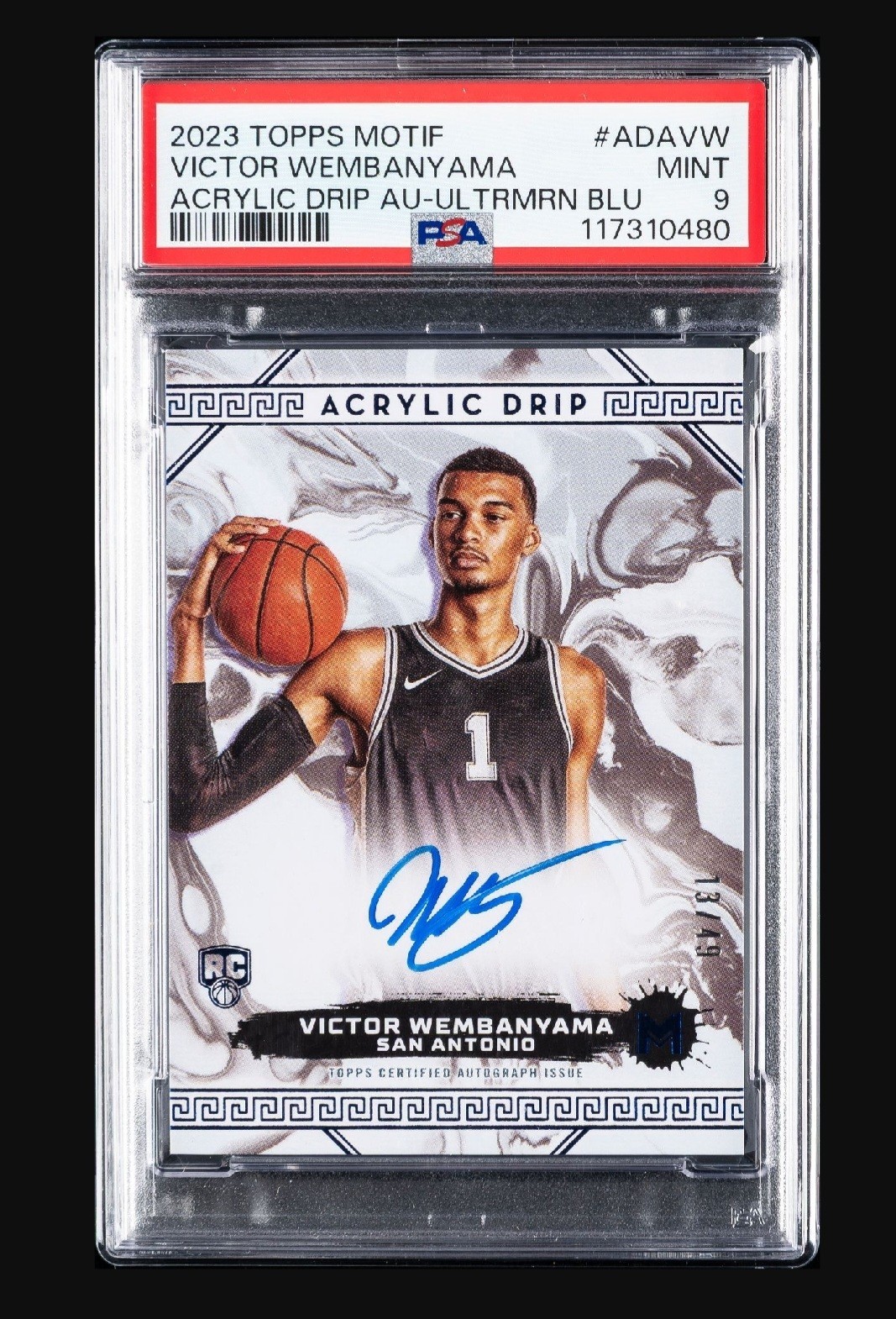 2023 TOPPS MOTIF ACRYLIC DRIP AUTO ULTRAMARINE BLUE /49 VICTOR WEMBANYAMA PSA 9