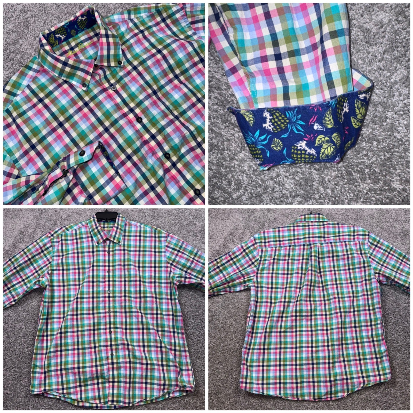 Alan Flusser Button Down Mens XL Plaid Pineapple Contrast Cuff Multicolor Sz XL