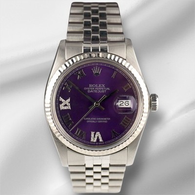 Rolex 36mm Datejust Steel Fluted Purple Roman Dial Watch 16014