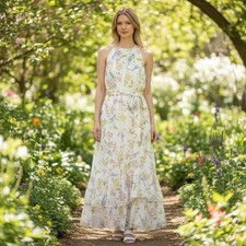 Calvin Klein Floral Maxi Dress Womens 14W Cream Halter Ruffle Chiffon NWT $139