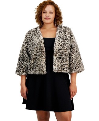 BCX Womens Plus Size Animal Print Open-Front Faux Fur Shrug Animal Brown Size 2X