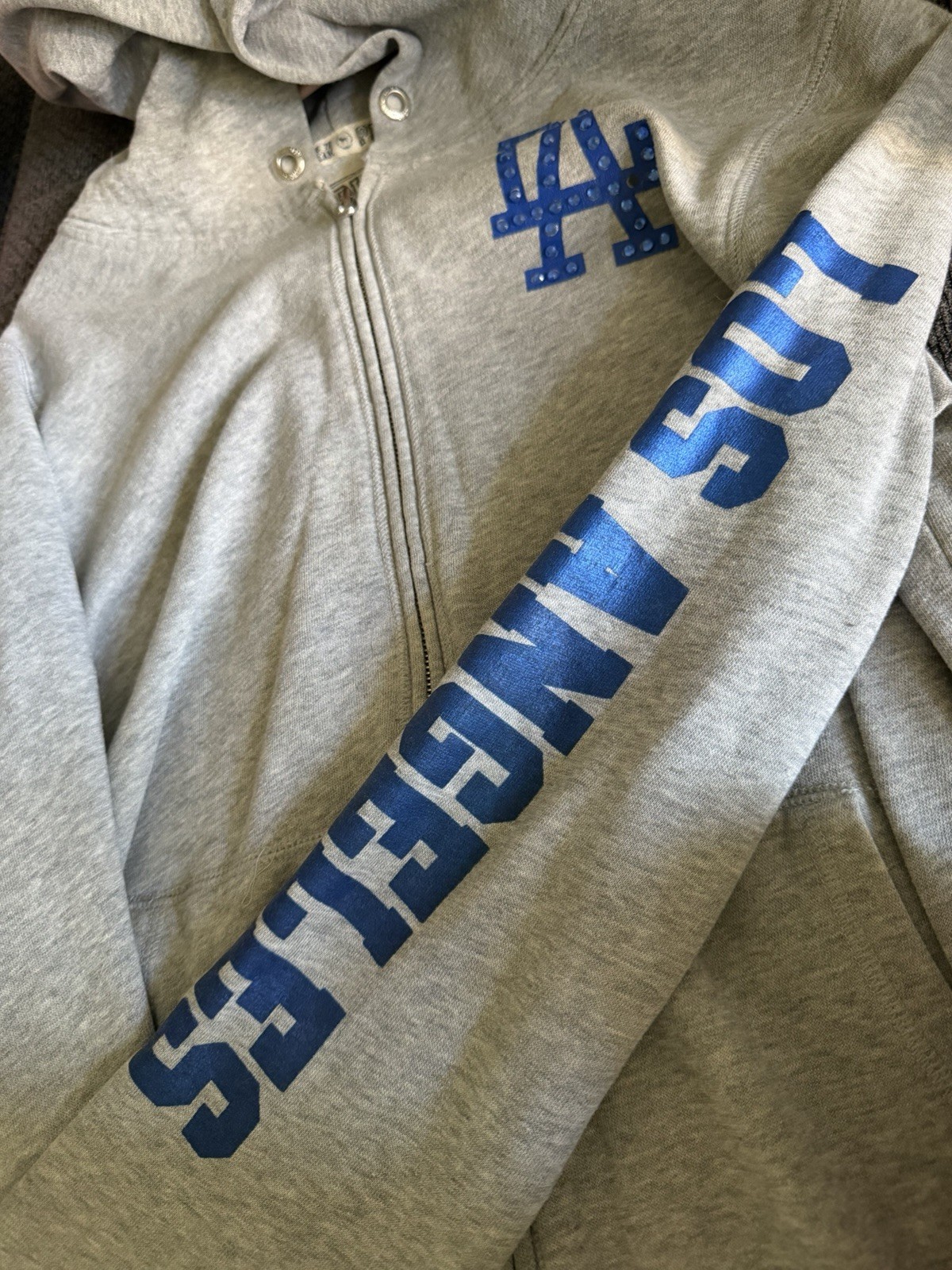 PINK Victoria’s Secret LA Dodgers Hoodie Bling Sequin MLB Gray Women’s L RARE image 2