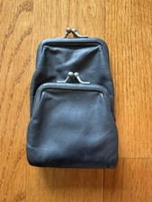 Vintage Cigarette Case Coin Purse Wallet Gray Leather Kiss Lock Strap