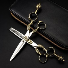 6 in Hair Cutting Scissors Thinning Shears Set w/ Finger Rest Gold Silver