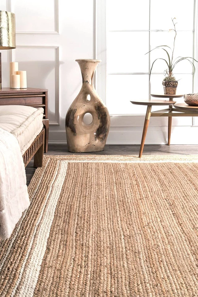 100% Natural Jute Rug Braided Rectangle Area Rug for Living Room Beige White - Image 3 of 4