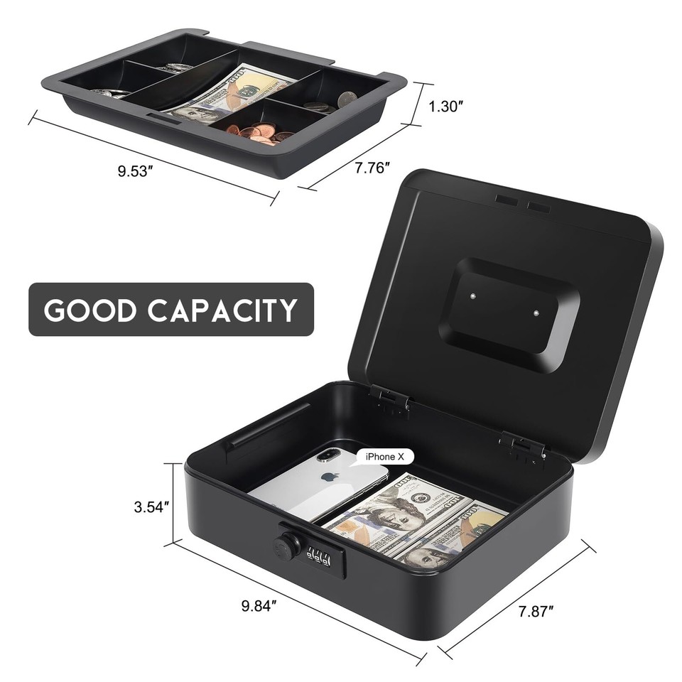 Cash Box with Money Tray and Combination Lock, Metal Money Box for Cash