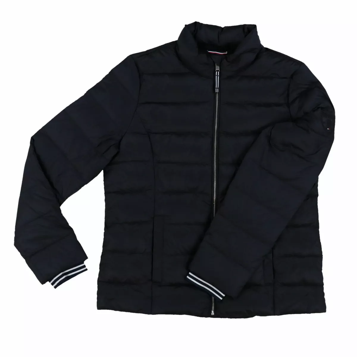 Tommy Hilfiger Womens Puffer Jacket Full Zip Quilted Flag Logo Coat Black M New