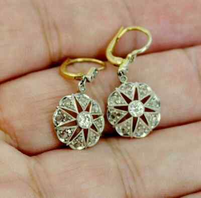 Vintage Art Deco Lab Created Diamond & Ruby Rose Over 925 Silver Gift Earrings