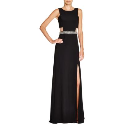 AQUA ~ Black Jersey Beaded Waist Cut-Out Mesh Front Slit Sheath Gown 2 NEW  $248 | eBay