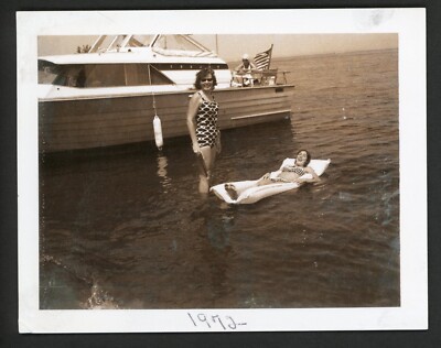 Smiling Women Swimsuit on Pool Float Boat Vintage Instant Photo 1970s Toes Feet