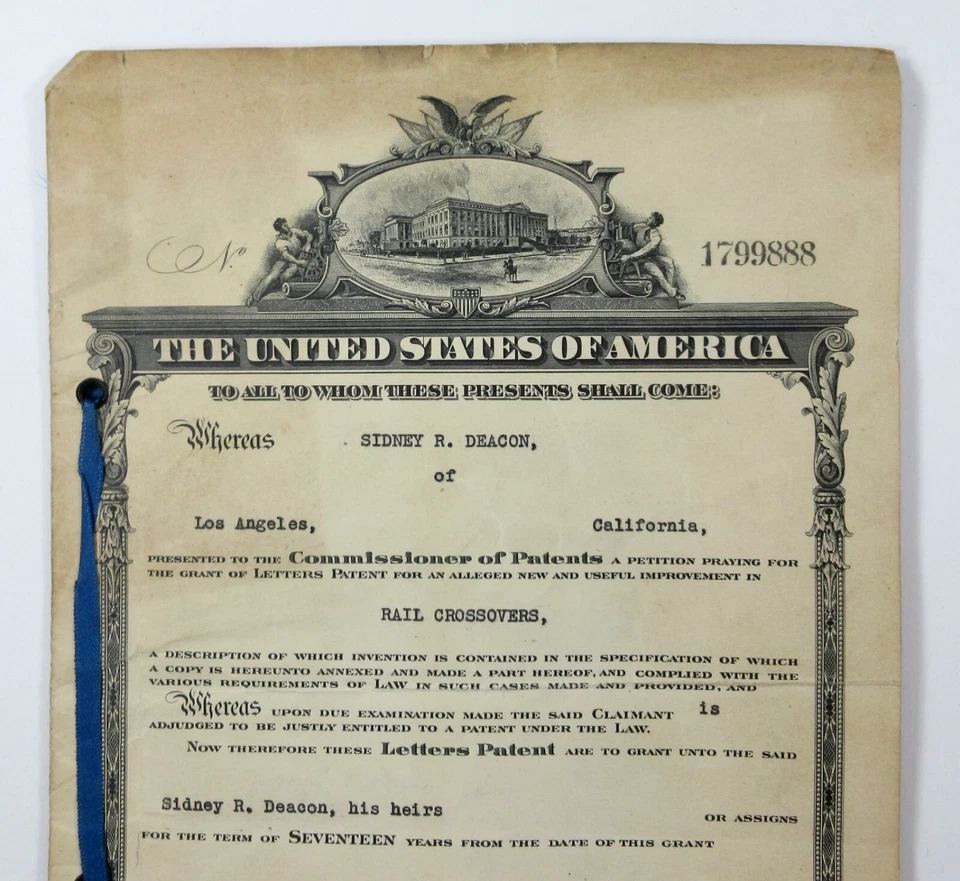 US Patent Office Certificate Railroad Track Crossover Photo Sidney Deacon 1931 - Image 3 of 4