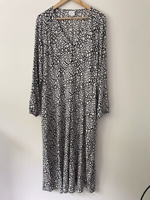 John Lewis Black White Blue Floral Long Sleeve Midi Dress Size 16