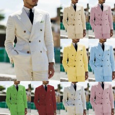 Linen Men Suits Double Breasted Peak Lapel Casual Wear Groom Tuxedo