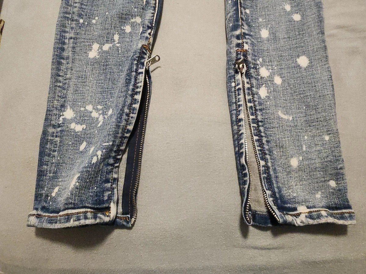 MNML Jeans Mens 32*x34 Slim Fit Blue Distressed Zip Ankle Button