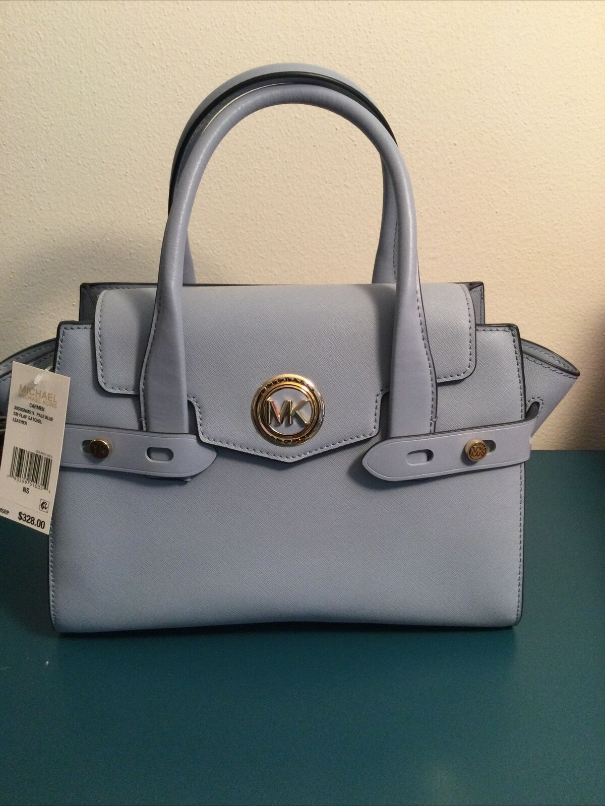 Michael Kors Carmen Small Flap Belted Pale Blue Leather Satchel NWT