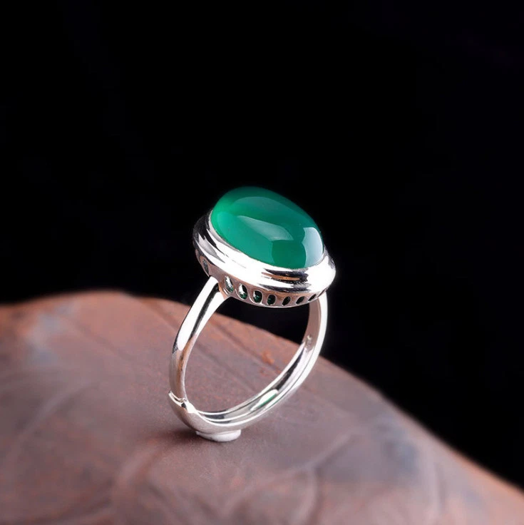 I03 Anello Ovale Verde Calcedonio Argento Sterling 925 Misura Regolabile - Immagine 2 di 4