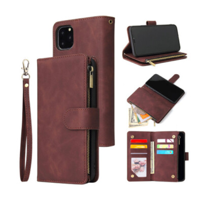Leather Zipper Flip Wallet Case iPhone 11 12 13 Pro Max Mini Magnetic Closure 