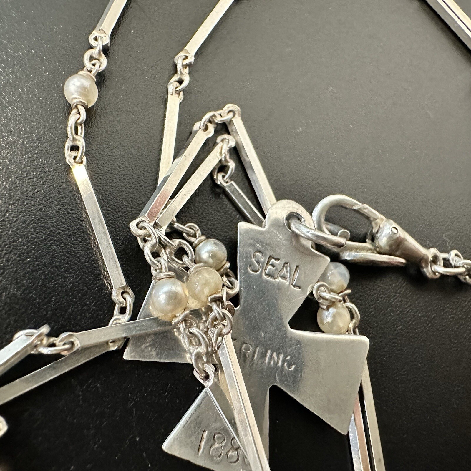 ANTIQUE ESTATE 800 SILVER CHATELAINE NECKLACE 27” w/ STERLING IHN CROSS PENDANT