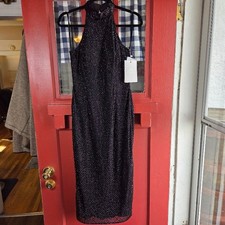 Mac Duggal Black Beaded Halter Neck Midi Dress Rear Zip Size 4 NWT MSRP $398