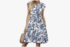 Women's Blue White Floral A-Line Knee Length Dress Short Sleeve Crew Neck