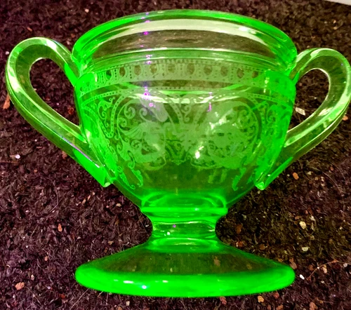 Vintage Green Uranium Glass Sugar Bowl Depression Glass UV Vaseline Open No Lid