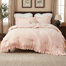Pink Ruffled Queen Comforter 3-Piece Soft Washed Microfiber All-Season Fluffy