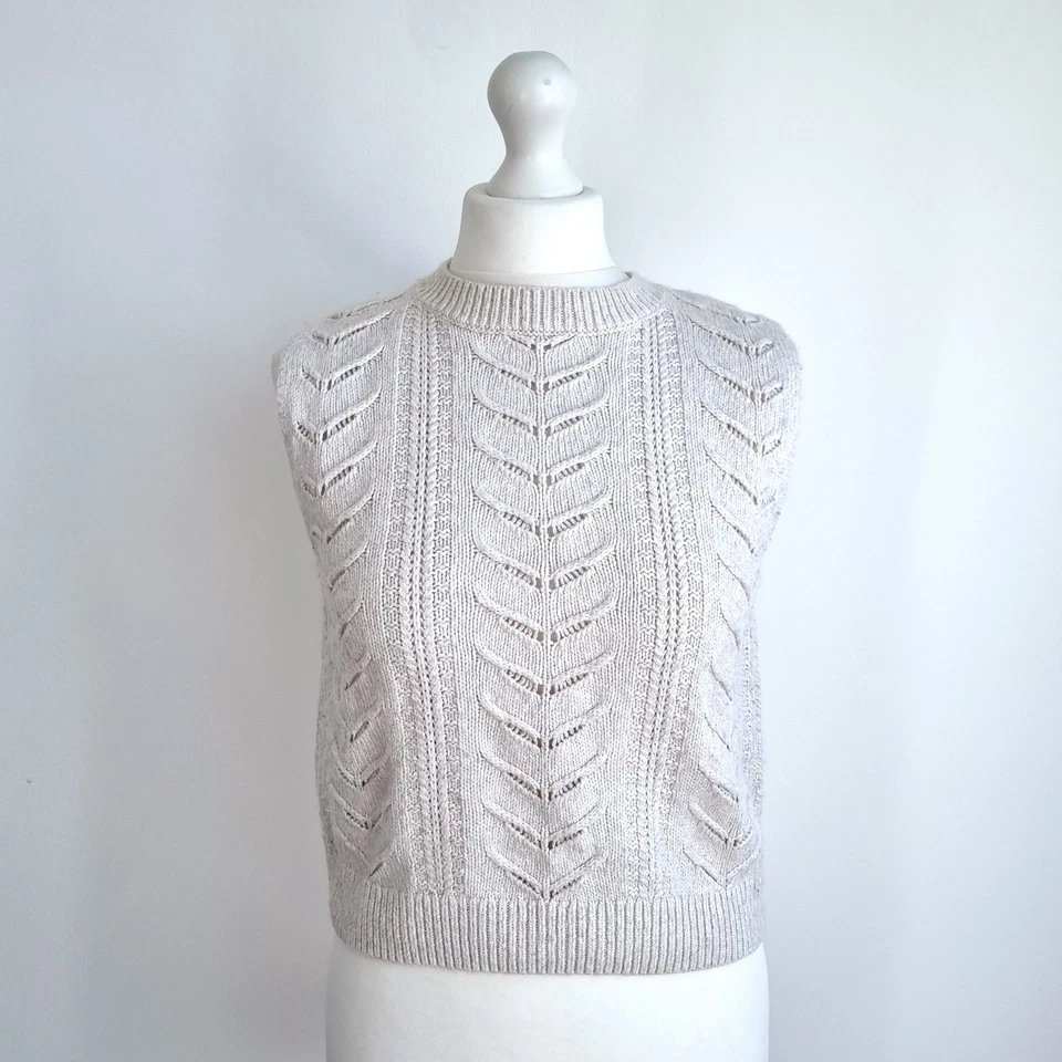 M&S Sweater Vest Per Una Jumper Cream Cotton Wool Sleeveless Knit Beige Medium - Image 2 of 4