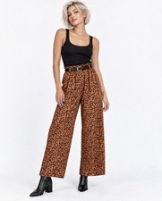 Womens Brown Black Abstract Animal Print Paperbag Waist Wide Leg Pants Size XS