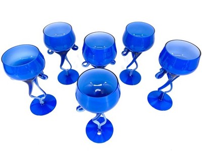 * 6x GLÄSER CUPS JOZEFINA KROSNO JELLYFISH SET COBALT BLUE GOTHIC