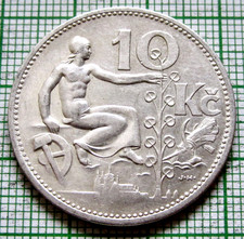 CZECHOSLOVAKIA 1931 10 KORUN STATE EMBLEM & WOMAN WITH LINDEN TREE 0.700 SILVER