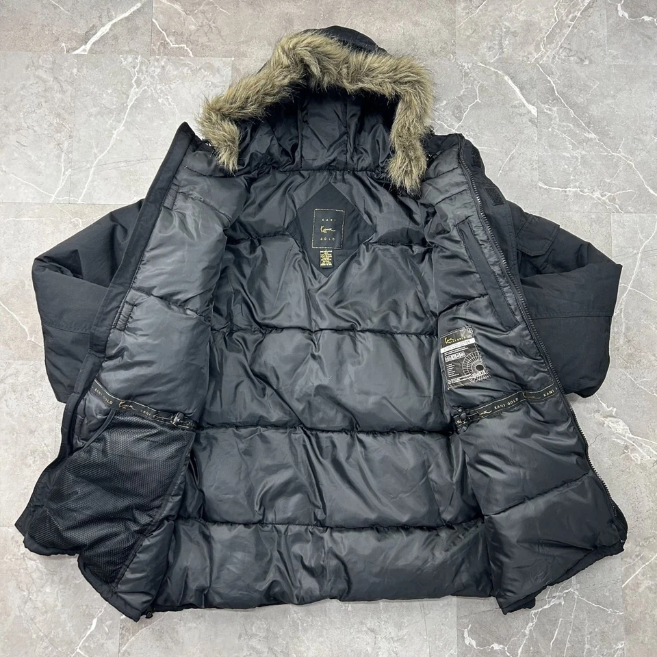 Chaqueta De Colección Karl Kani Dorada Para Hombres Grande Plumón de Pato Parka Abrigo Tupac Invierno Negro Foto 2 de 4