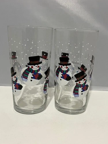 VTG lot 2 Libbey clear glass snowman winter tumbler high ball glasses USA
