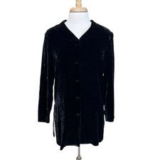 Vintage 90s Women's Small Black Velvet Button Down Shirt Tunic Silk Blend