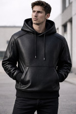 Men’s Leather Hoodie Jacket Black –  Urban Style Pullover premium lambskin