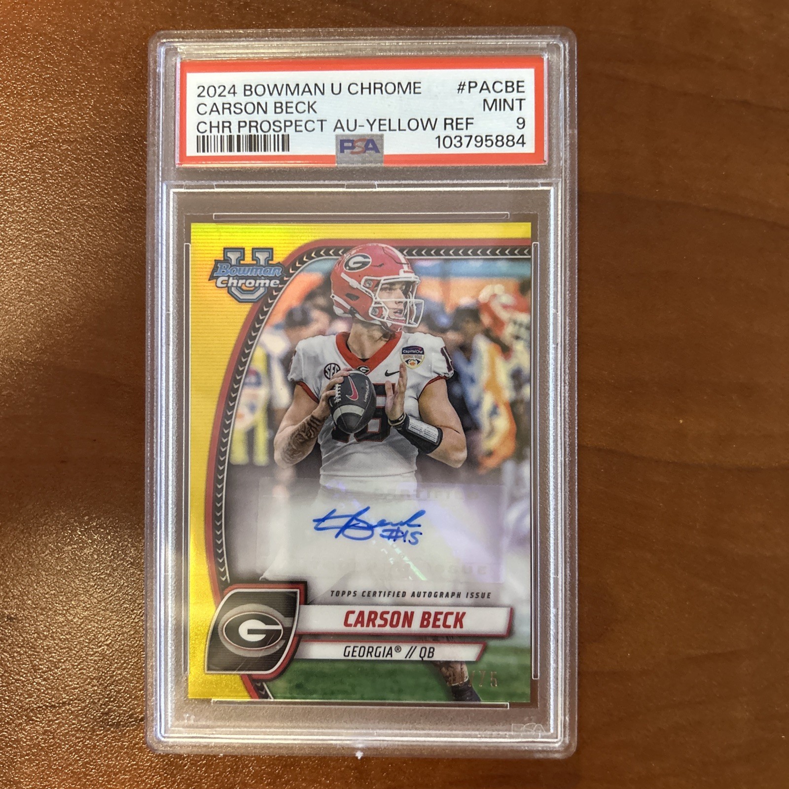 2024 Bowman University Chrome Carson Beck Auto Yellow Refractor #/75 PSA 9