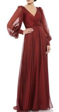 New MAC DUGGAL SHEER BLOUSON SLEEVE SURPLICE A-LINE CHIFFON GARNET GOWN Sz 14