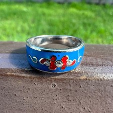 Blue Enamel Ring with Red Floral Design Cubic Zirconia Accent Silver Band Gift