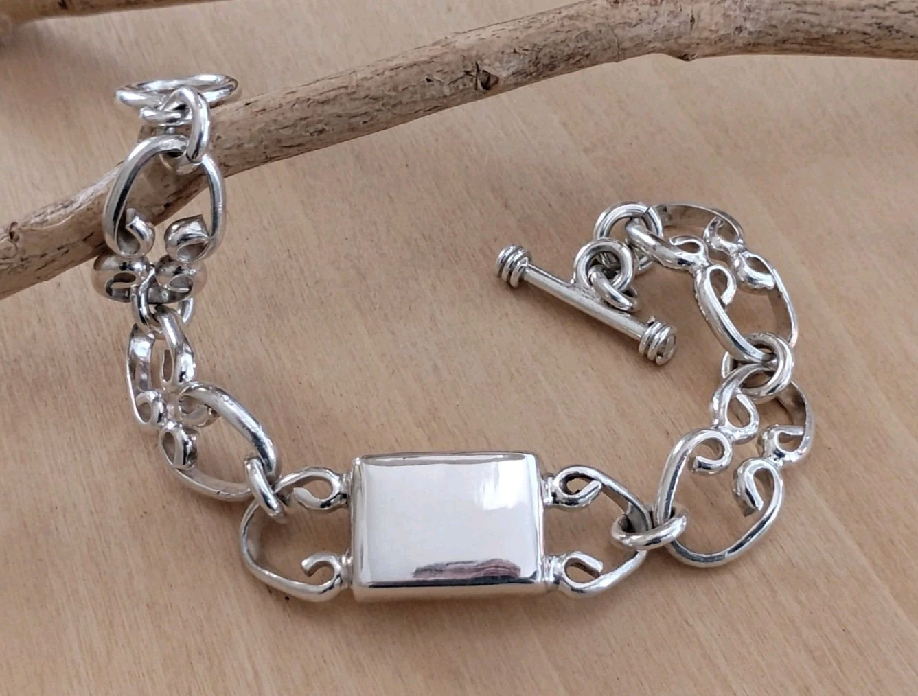Sterling Silver Scroll-Link Toggle Bracelet Engra… - image 1