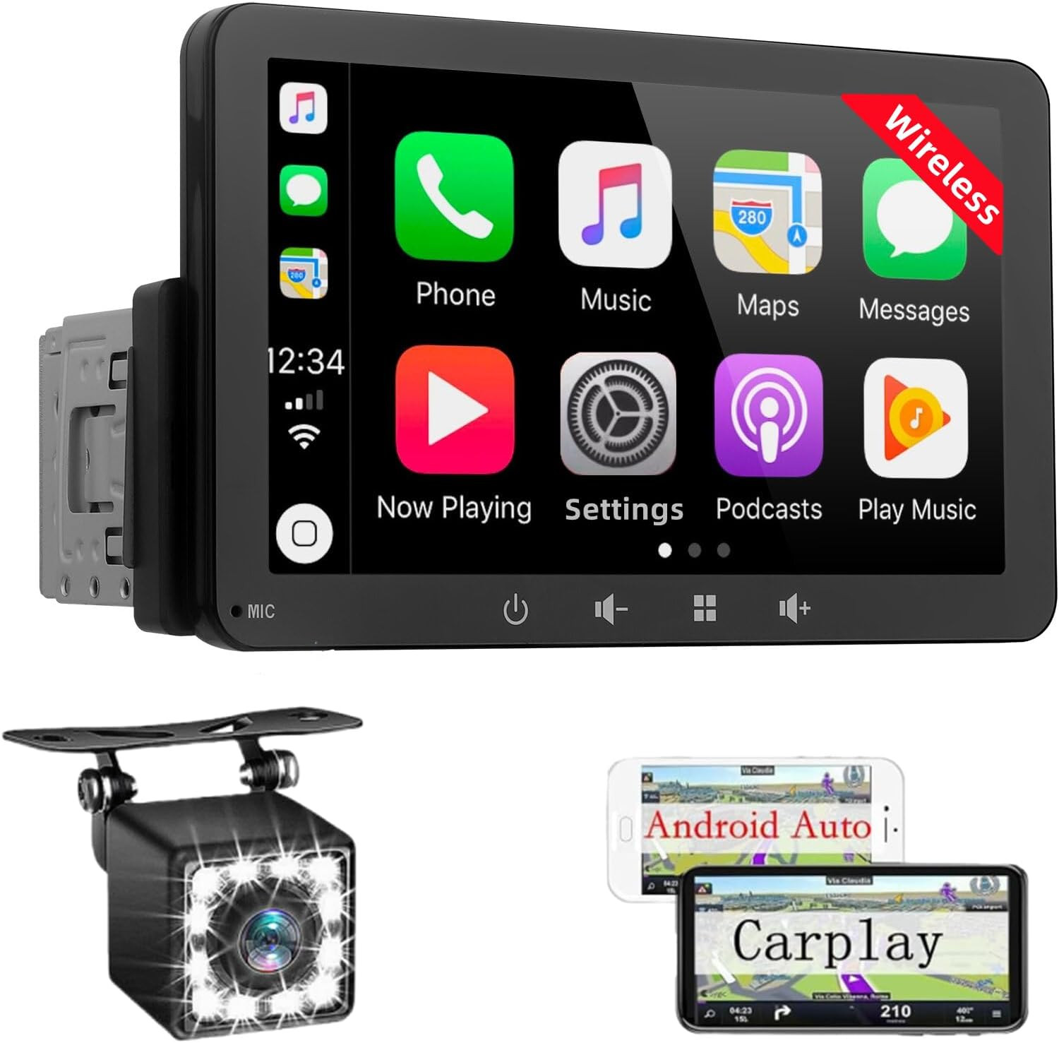 Stereo Auto 1 DIN con Schermo 7 Pollici Wireless Android Auto CarPlay