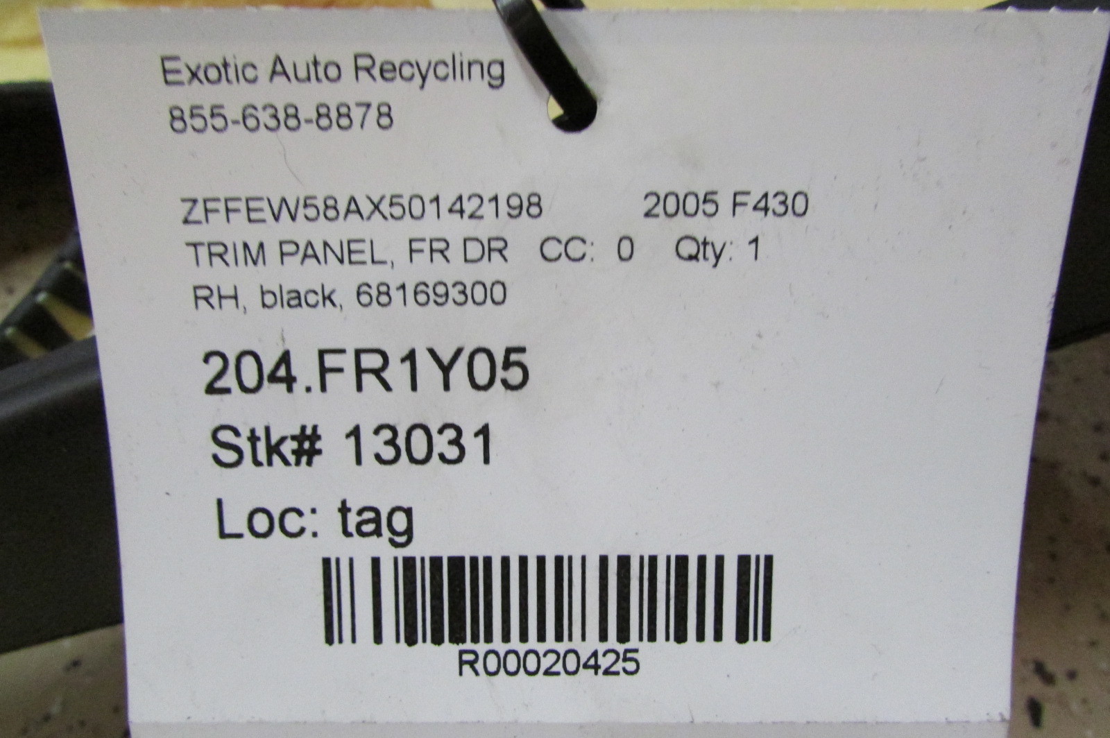 Ferrari F430, RH, Right Side Door Panel, Black, Used P/N 68169300